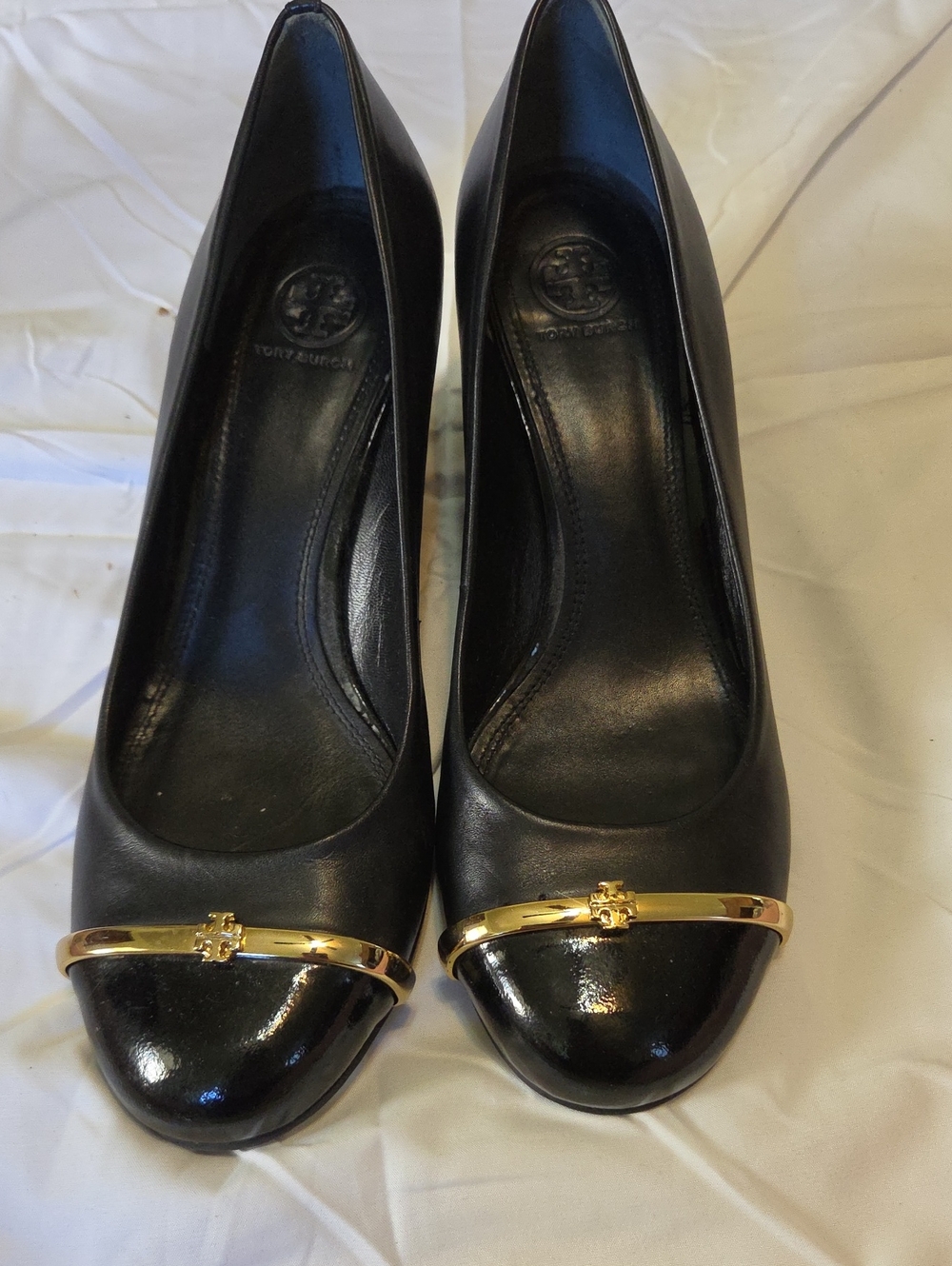 Tory Burch Black Leather Pumps with Gold Trim